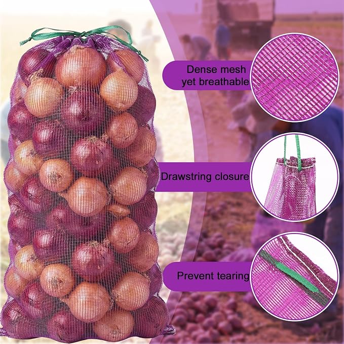 SATINIOR 60 Pcs Large Mesh Storage Produce Bags 21'' x 32'' Mesh Onion Bags 50 Lbs Reusable Vegetable Storage with Drawstring Potato Sacks for Onion Potato Citrus Fruit Produce Firewood (Purple)