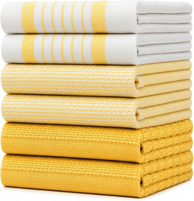 Premium Kitchen Towels 6 Pack 100% Cotton 20"x28" Dish Towels Yellow Stripe | Large Flat & Terry Kitchen Linen Set with Hanging Loops, Highly Absorbent for Washing and Drying Dishes