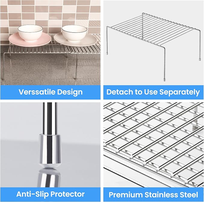Tomorotec Expandable Kitchen Cabinet Organizer Stainless Steel Shelf Silver | Adjustable from 12.8 to 22.8 Inches Rustproof with Anti-Slip Feet for Pantry Bathroom Closet and Countertop Organization
