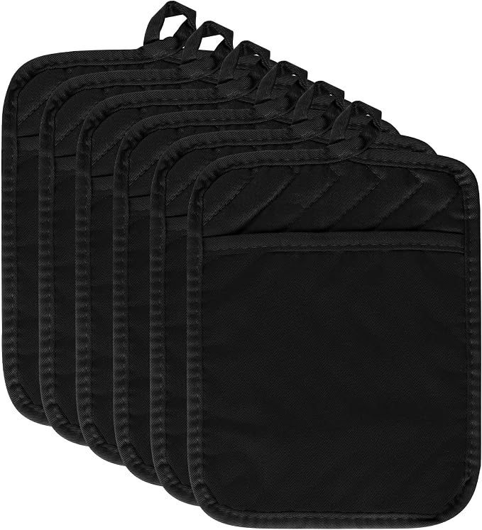 R HORSE 6Pcs Black Pot Holders with Pocket for Kitchen, 7''x 9'' | Cotton Potholders, Heat Resistant Oven Mitts, Non-slip Terry Cloth Trivet, Ideal for Baking Cooking, Machine Wash