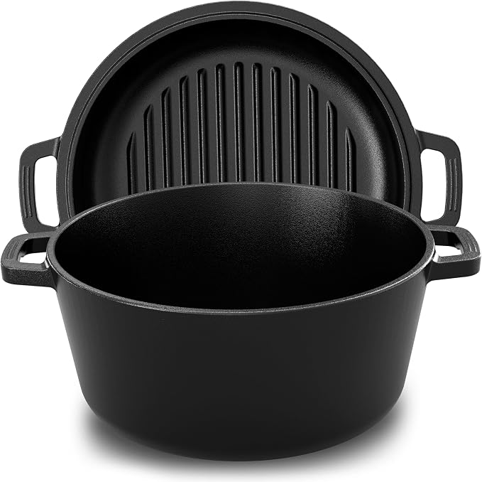 KICHLY Cast Iron Dutch Oven 5 QT with Skillet Lid Pre-Seasoned PFAS-Free | Dual Purpose Skillet Lid, Griddle Pan Included, Bread Baking, Roasting, Grilling, Camping Use, Heavy Duty