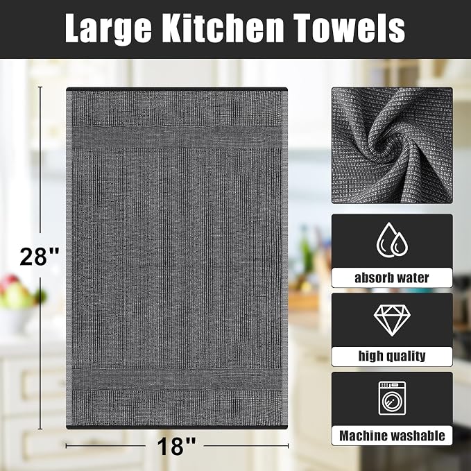 Homaxy 380 GSM Cotton Premium Kitchen Towels 3 Pack, 18"x 28", Mix | Flat and Terry Dish Towels, Highly Absorbent Tea Towel Set with Hanging Loop, Soft Kitchen Hand Towels, Grey/Khaki/Black