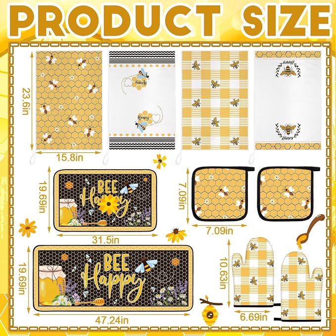 Fourluoo 10 Pcs Bee Themed Kitchen Decor Set Dish Towels Kitchen Rugs Oven Mitts and Pot Holders for Cooking Baking Grilling Women Mom Gift