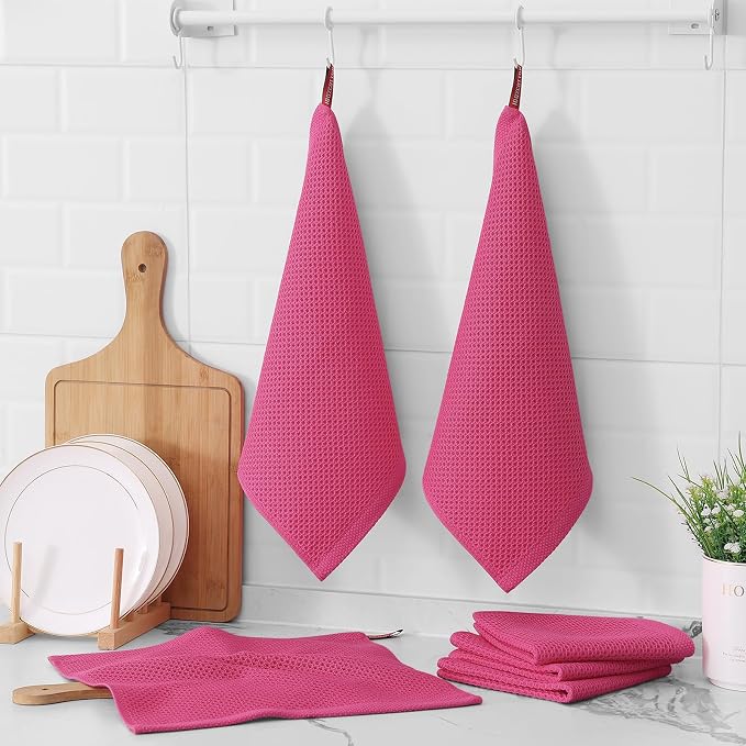 Kitinjoy 100% Cotton Waffle 6-Pack Kitchen Towels, 12" x 12", Hot Pink | Ultra Absorbent, Super Soft, lightweight, Quick Drying Dish Rags for Washing Dishes