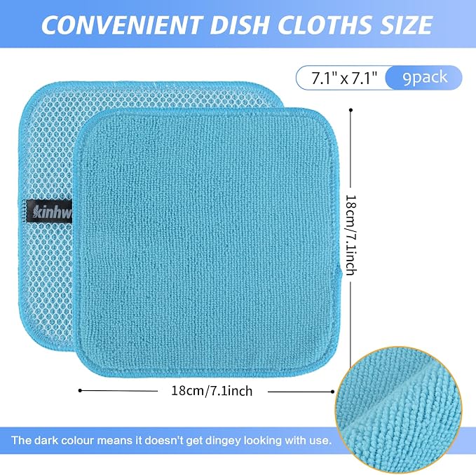 Dish Cloths for Washing Dishes with Scrub Side, Microfiber Dish Rags | Dual-sided microfiber dish cloths with scrubber for stuck-on food, quick dry kitchen washcloths 9 Pack, Mixed Colors, 7 Inch
