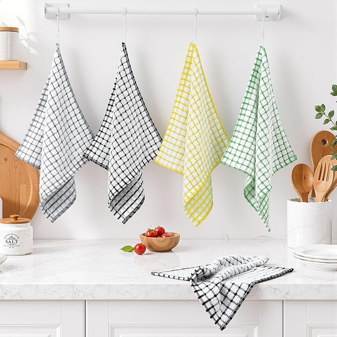 Homaxy 8 Pack Terry Kitchen Dish Cloths, 12"x12", Black/Grey/Green/Yellow | Super Soft and Absorbent Dish Rags, Quick Drying Reusable Dish Towels for Washing Dishes