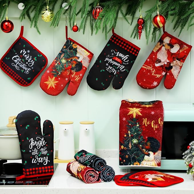 SiliFine 12 Pcs Christmas Kitchen Towels Pot Holders and Oven Mitts Set 4 African American Dish Towels 4 Buffalo Plaid Oven Mitts 4 Black Santa Claus Angel Potholders for Xmas Dish Baking Decorative