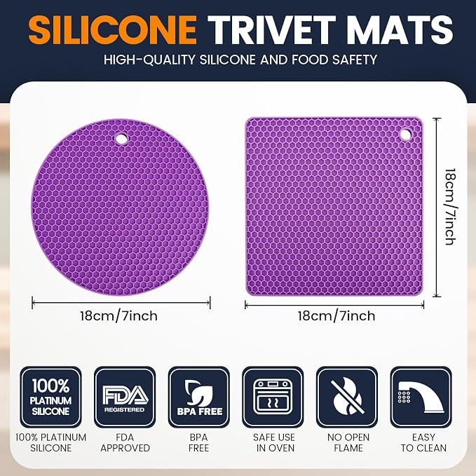 Silicone Trivet Mats 4 Heat Resistant Pot Holders Multipurpose Non-Slip Hot Pads for Kitchen Potholders, Drying mat, Jar Opener, Spoon Holder, Coaster(Violet)