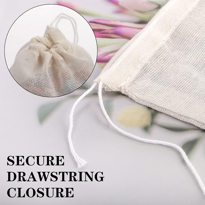 100 Pack Muslin Drawstring Bags, 3x4 Inch Reusable Natural Unbleached Cotton Straining Bags for Herbs, Coffee, Tea, Soup, Spices, Produce Bag Bulk Gift Bag Jewelry Pouch for Party Wedding Home
