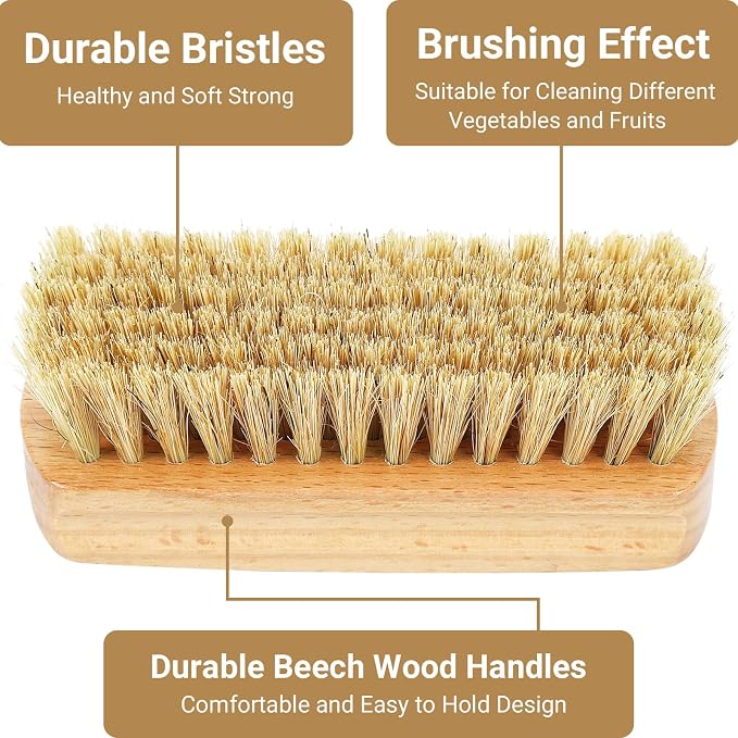 2 Pack Vegetable Scrubber, Veggie Potato Fruit Brush for Food | Firm Bristles, Wood Veggie Wash Scrubber, Carrot Cucumber Tableware Cleaning, Kitchens Camping Brush Tool