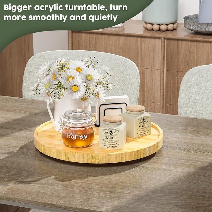 Lazy Susan for Table, 12 Inch Non-Skid Bamboo Turntable Organizer | Salt Pepper Spices and Olive Oil Next to Stove, Wooden Lazy Susan Organizer for Kitchen Countertop Organizer