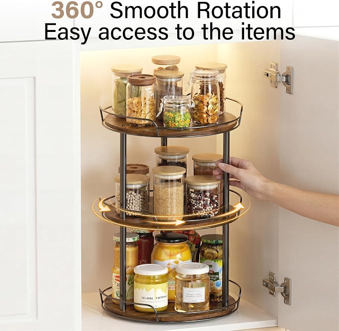 12'' Lazy Susan Turntable Organizer, 3-Tier Rotating Spice Rack | Wooden Lazy Susan, for Cabinet, Table Top, Kitchen Countertop, Pantry, Bathroom, Vanity, Home Decor