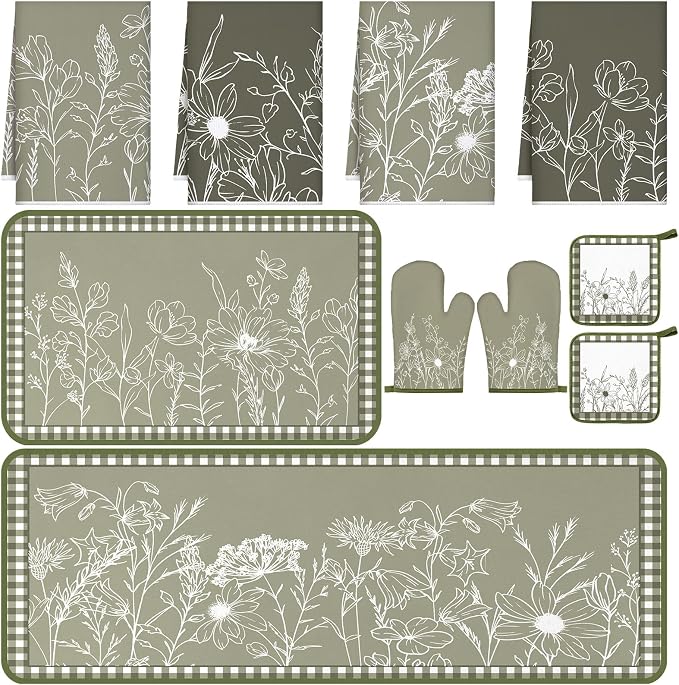 Fourluoo 10 Pcs Flower Line Drawing Kitchen Decor Set Dish Towels Kitchen Rugs Oven Mitts and Pot Holders Set for Cooking Baking Grilling Women Mom Daughter Gift