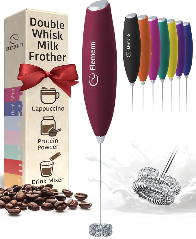 Elementi Milk Frother Wand - Easy to Use Handheld Electric Stirrer for Powder Drinks, Durable & Powerful Coffee Whisk & Protein Powder Mixer Wand, Hand Frother, Coffee Stirrers Electric (Burgundy)