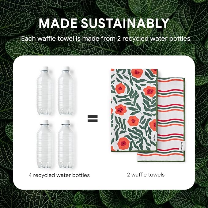 RECYCO Waffle Kitchen Towel Set of 2 - Quick Dry Microfiber Sustainable Dish Towels - Ultra Absorbent Reusable Cleaning Tea Towels - Lightweight Hand Towels,16”x 28”, Poppy Waves