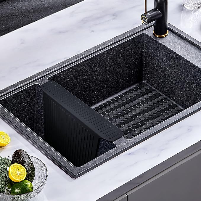 Bligli Silicone Sink Divider Mat, Large Durable Sink Saddle Pad with No Suction Cup, Kitchen Divided Sink Protector Mat for Glassware Dishes, Easy to Clean and No Smell, 12.8" x 17.6" (Black,1 PACK)