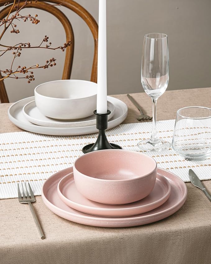 Famiware Milkyway 12-Piece Dinnerware Set, Matte Beige White & Light Pink | Stoneware Plates and Bowls for 4, Reactive Glaze Dish Set, Microwave & Dishwasher Safe, Chip & Scratch Resistant