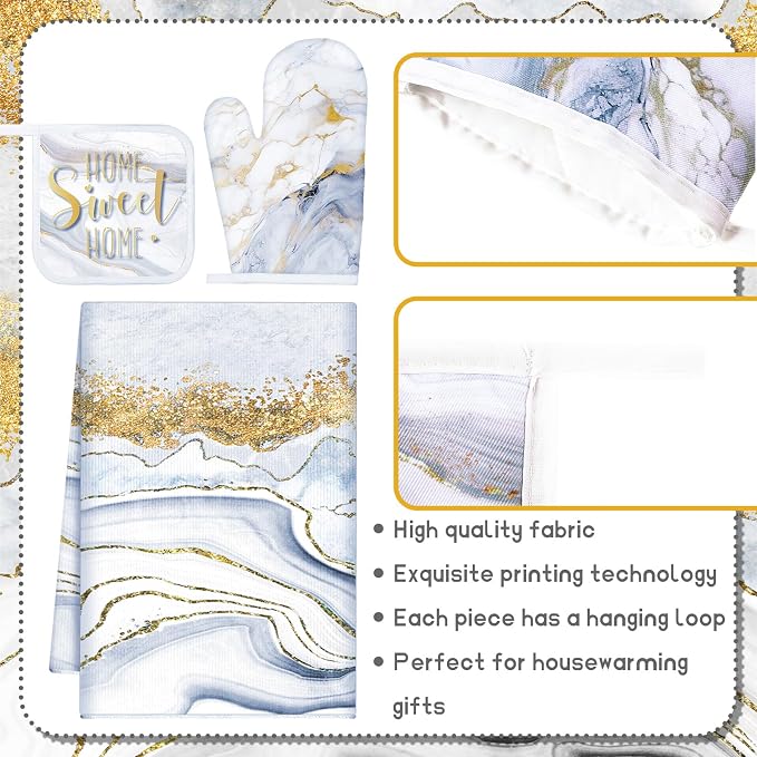 Leinuosen White and Gold Marble 8 Pcs Kitchen Towels and Dishcloths Sets Oven Mitts and Pot Holders Absorbent Kitchen Gloves Potholders Heat Resistant for Chef Baking Cooking