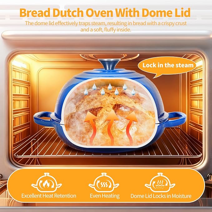 6QT Enameled Cast Iron Dutch Oven For Sourdough Bread Baking | Dutch Oven Pot With Lid,Non-stick Sourdough Baking Pan with Bread Dome,Round Ceramic Dutch Oven Pot for Homemade