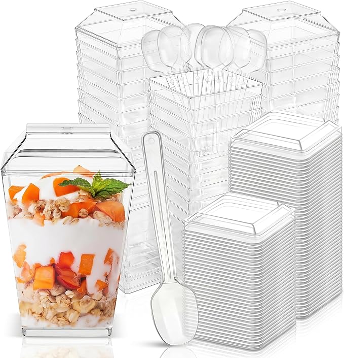 Dessert Cups with Lids and Spoons, 5 oz Clear Trapezoid, 75 Piece Set | For Parfaits, Mousse, Pudding, Fruit and Appetizers, For Weddings, Birthdays and Parties