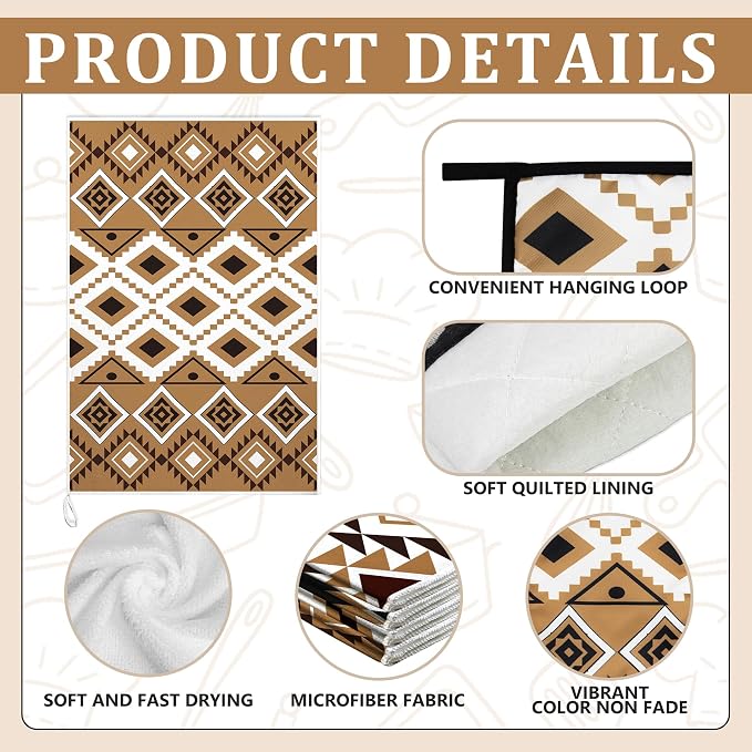 8 Pcs Western Aztec Kitchen Decor Accessories Set Farmhouse Towels Pot Holders Oven Mitts Set 4 Dish Towels 2 Potholders 2 Cooking Mittens Oven Glove for Baking Cooking Mother's Day(Brown,Kitchen)