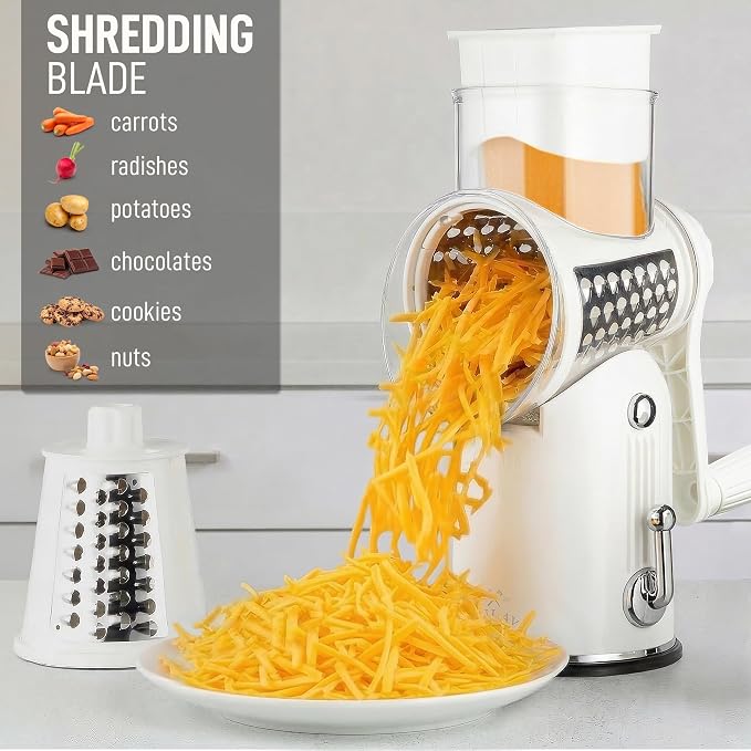 Zulay Kitchen Rotary Cheese Grater 5 Blade Cheese Shredder - Manual Hand Crank Cheese Grater With Reinforced Suction & 5 Interchangeable Drums - Easy to Use, Vegetable Chopper Round Mandoline Slicer