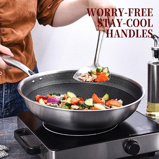 LOLYKITCH Hybird Nonstick Wok Pan with Lid | 10-Inch | Rivented Handle | Non Toxic | Tri-Ply Stainless Steel | Ceramic Coating | Stir Fry Pan | Induction Compatible | Dishwasher & Oven Safe