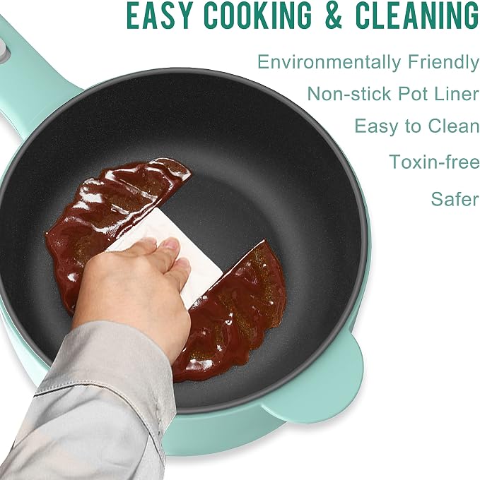 Dezin 2L Hot Pot Electric, Non-Stick Electric Pan, 700W Adjustable Power | Electric Pot for Cooking/Steak/Egg/Fried Rice/Ramen/Soup, Portable Pot for Dorm/RV/Family/Travel/Camping, Include Spatula