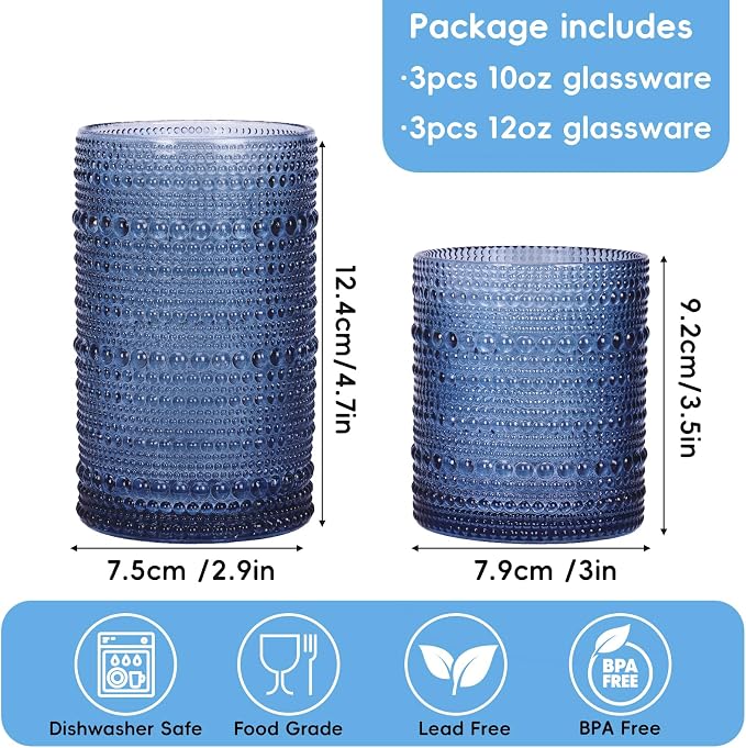 Moretoes Blue Hobnail Drinking Glasses Set of 6, Vintage Glass Cups | 12 Oz Highball Glasses & 10 Oz Cocktail Glasses Embossed Boho Kitchen Bar Tumbler Glassware for Whiskey Beer Juice Milk
