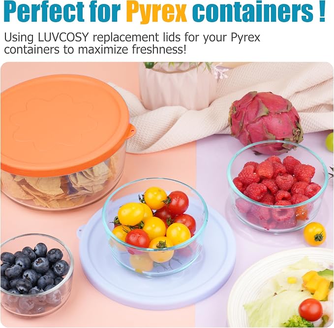LUVCOSY 1 Cup 2 Cup 4 Cup 7 Cup Round Silicone Replacement Lids for Pyrex 7202-PC, 7200-PC, 7201-PC, 7402-PC Glass Bowls, 8 Pack Storage Cover, Microwave & Dishwasher & Freezer Safe