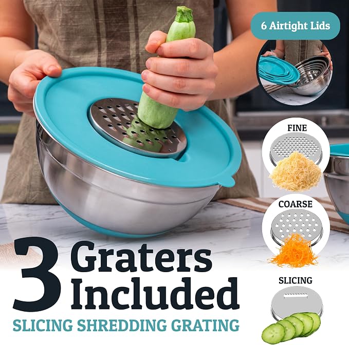 Stainless Steel Mixing Bowls with Lids Set - Premium 30Pcs with 6pc Metal Bowl Set for Kitchen, 3 Graters, Airtight Lids, Non-Slip Bases & Silicone Utensils, Turquoise