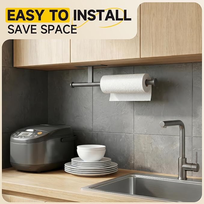 Paper Towel Holder Wall Mount,No Drill,SUS304 Steel, Space Saving | Maximize countertop space with secure roll storage. Fits kitchens, bathrooms, RVs and pantries with flexible mounting options