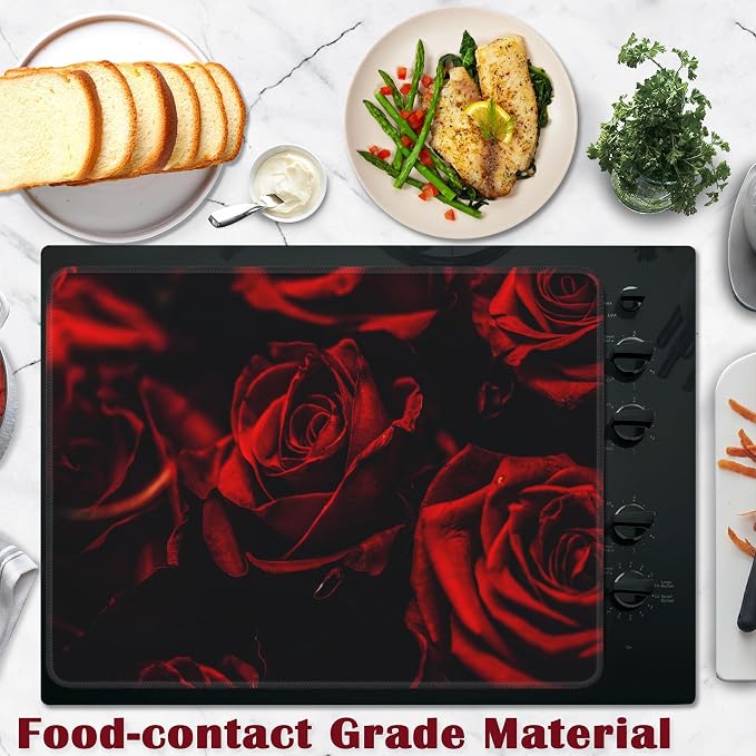 Rose Stove Top Cover for Electric, Abstract Red Rose and Black Leaves Glass Ceramic Stove Cover, Heat Resistant Flat Stovetop Protector, Dish Drying Mats for Kitchen