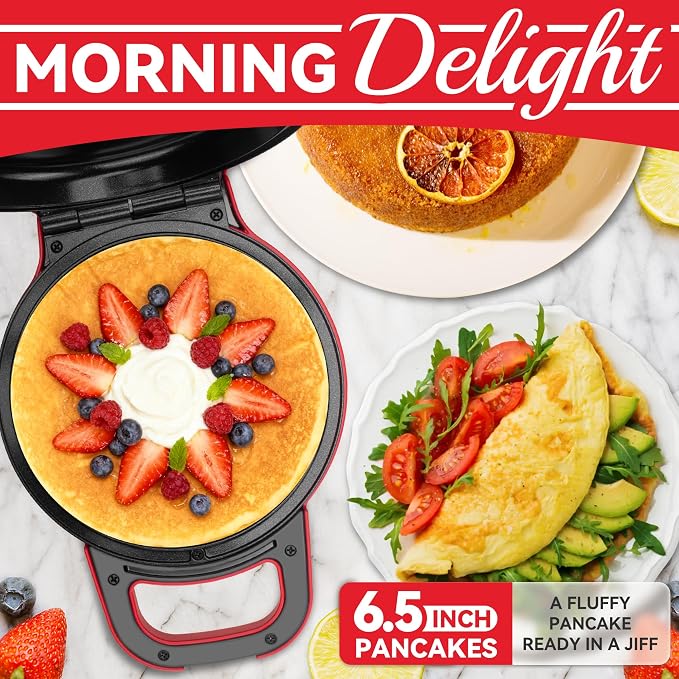 SugarWhisk Flip Pancake Maker Machine, Ceramic Coated Pancake Pan for 6.5 Inch Pancakes, Omelette, Crepe & Quesadilla, Frittata, Double Sided Omelette Pan Nonstick, Red