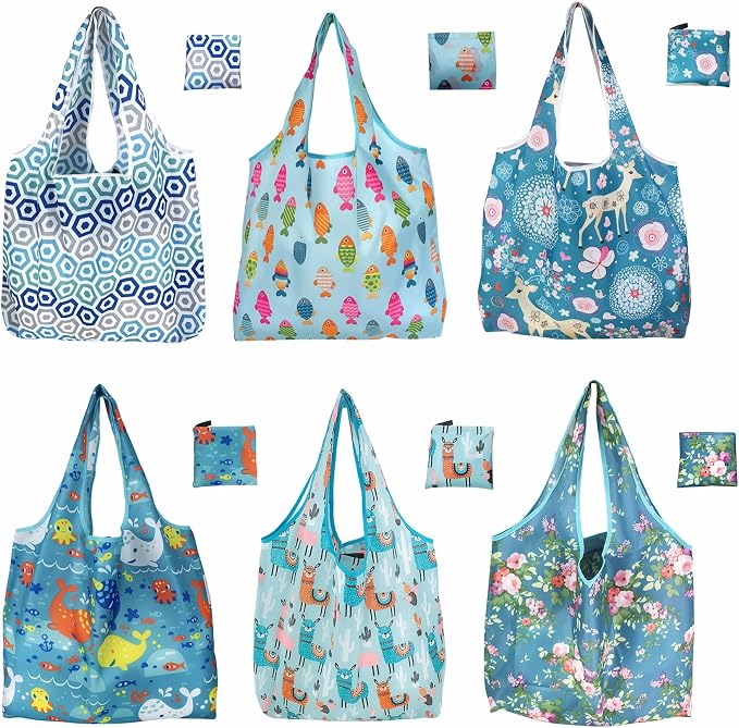 Foldable Reusable Shopping Bags,6 Pack Heavy Duty Tote for Grocery | Lightweight Polyester, machine washable. Compact fold fits in purse. Sturdy 50lb capacity. Great for groceries&travel,Beach