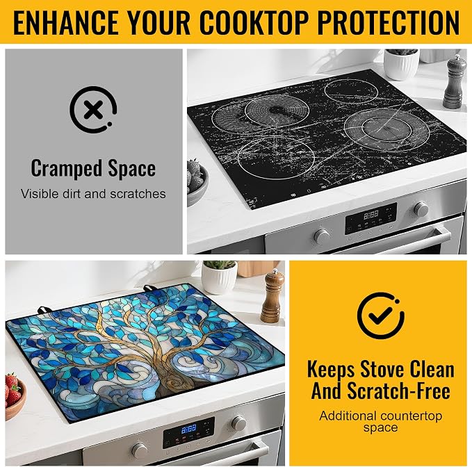 NYZE Electric Glass Stove Top Cover, Cooktop Protector for Extra Counter Space, Heat Resistant & Non-Slip Kitchen Mat - Blue Glass Tree of Life, 28" x 20"