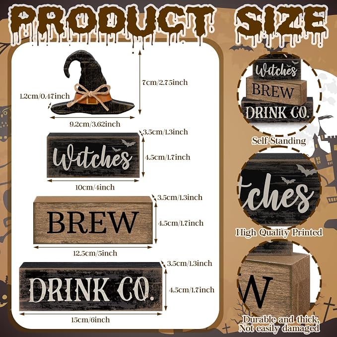Lineshading 4 Pcs Halloween Witch Wood Block Signs, Tiered Tray Decor | Rustic Wooden Blocks with Witches Brew Theme, Distressed Farmhouse Style for Tabletop, Fall Party Home Decoration