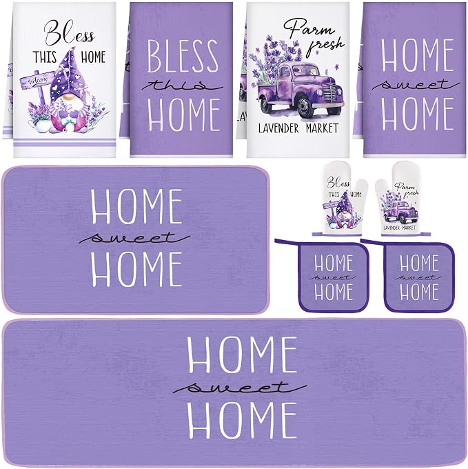 Fourluoo 10 Pcs Lavender Kitchen Decor Set Lavender Kitchen Towels Rugs Oven Mitts and Pot Holders for Cooking Baking Grilling Women Mom Gift