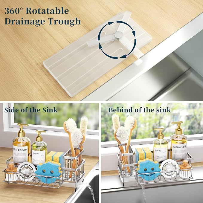 Consumest Sponge Holder for Kitchen Sink - Auto Draining Sink Caddy Organizer with Detachable Rack, High Brush Holder, Kitchen Countertop Storage Accessories, Silver-Extra Large