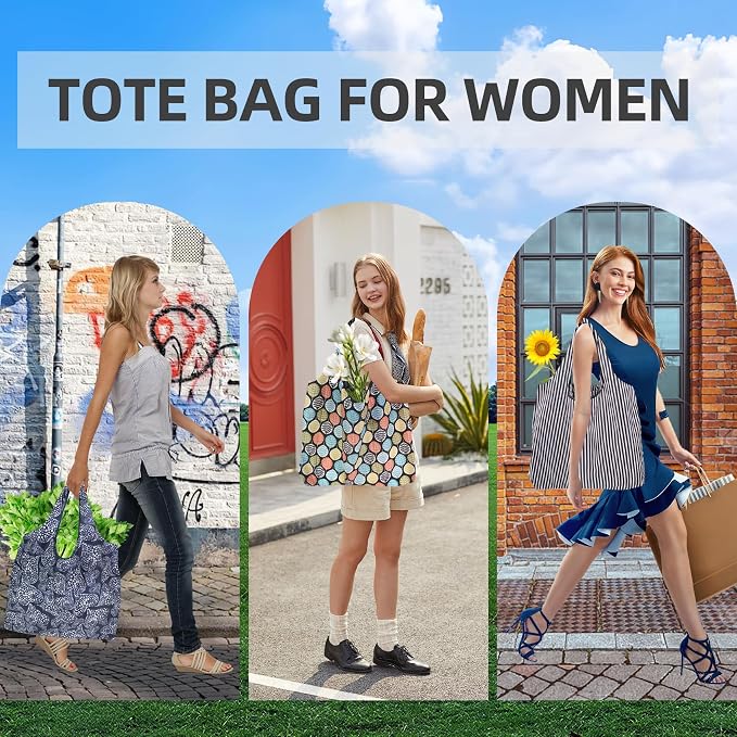 Foldable Reusable Shopping Bags,6 Pack Heavy Duty Tote for Grocery | Lightweight Polyester, machine washable. Compact fold fits in purse. Sturdy 50lb capacity. Great for groceries&travel,Beach