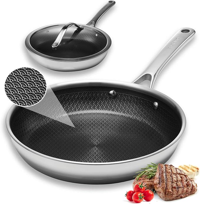 Woks & Stir-fry Pans Nonstick-Hybrid Tri-Ply Stainless Steel Wok10" Nonstick Skillet with Lid,Wave Etch Textured Interior,Dishwasher Safe & Oven Safe PTFE & PFOA FREE Kitchen Cookware for All Cooktops