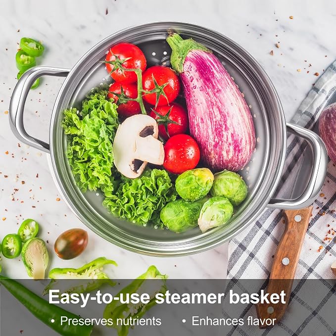 Chefbee 3.2QT Stainless Steel Steamer for Cooking with Food Steamer Basket | Healthy Steaming Pot, Multi-use Kitchen Cookware, For Vegetables Dumplings Soup and Food Preparation, Daily Kitchen Cooking