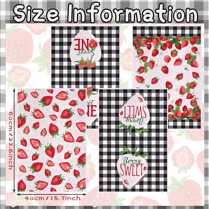 4 Pcs Strawberry Kitchen Towels Berry Hand Dish Towels Gifts | Absorbent Black Red Grid Tea Towel Fast Drying Housewarming Gift for Kitchen Bathroom Holiday Summer Strawberry Party Decor