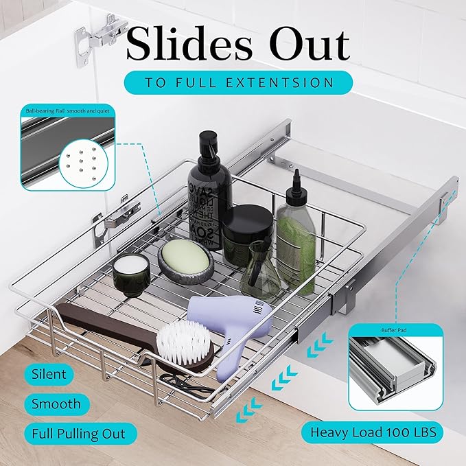 Pull Out Cabinet Organizer 15" W X 17" D, Chromed, Full Slide Out Drawers | For Kitchen Organizers and Storage, Pull Out Drawers For Cabinets Capacity Heavy Duty Caddy, Cabinet Shelves, Bathroom Pantry
