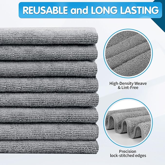 Grey Microfiber Cleaning Cloth -Pack of 8, Highly Absorbent Cleaning Rags, 16"X12" All Purpose Cleaning Towels for Housekeeping, Kitchen, Car, Lint Free and Reusable Microfiber Towels