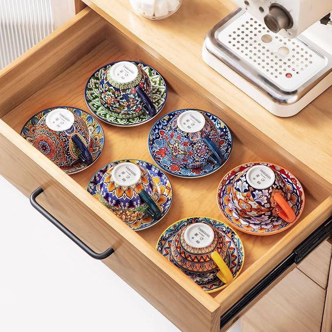 vancasso 8 Oz Cappuccino Cups, Porcelain Tea Cups and Saucers Set of 6 | Bohemian Cappuccino Mugs,Perfect for Latte, Tea and Espresso, Microwave and Dishwasher Safe,Lead-Free and Non-Toxic