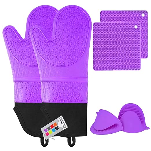 6pcs Silicone Oven Mitts and Pot Holders Sets for Kitchen, Purple | 500°F heat resistant, cotton lining, honeycomb non-slip texture, 15-inch forearm protection, baking cooking gloves