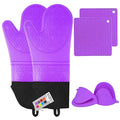 6pcs Silicone Oven Mitts and Pot Holders Sets for Kitchen, Purple | 500°F heat resistant, cotton lining, honeycomb non-slip texture, 15-inch forearm protection, baking cooking gloves