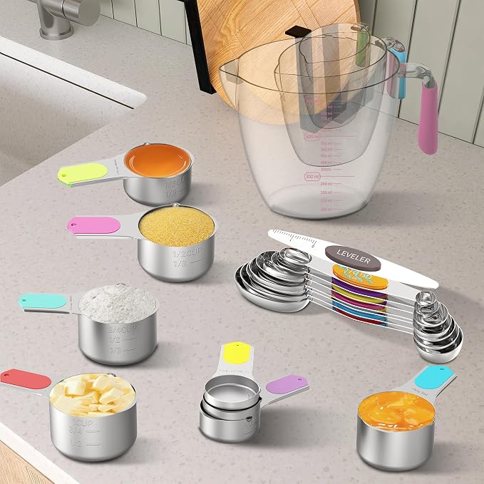 Measuring Cups and Spoons Set for Cooking & Baking, 5 Stainless Steel Magnetic Measuring Cups, 3 Plastic Measuring Cup, 7 Magnetic Measuring Spoons, 1 Leveler, 1 Measuring Conversion Chart