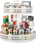 2 Tier Lazy Susan Organizer - Adjustable Rotating Spice Rack 12 inch | Floral Turntable Lazy Susan for Cabinet Pantry Kitchen Countertop Table Top Cupboard Bathroom Vanity Storage Metal White